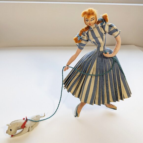 Vintage Cloth Wire Doll Redhead Pigtails Woman Girl with Dog on Leash 11" Cute - Picture 1 of 12